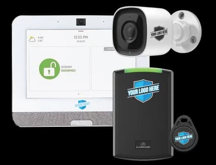 Branded security products: alarm panels, cameras, and access control with dealer logos