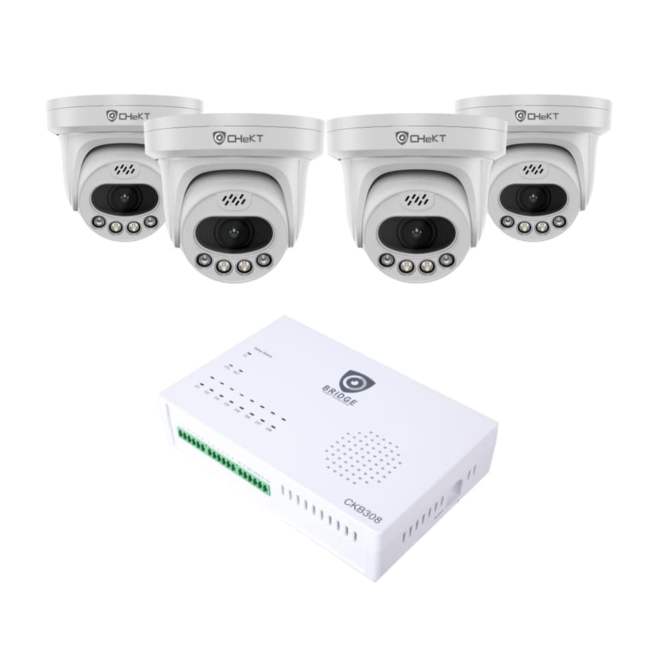 CHeKT 4-Camera Proactive Visual Security AI System Kit: 4× 4MP AI Turret Cameras and CKB308 8ch Video Control Panel