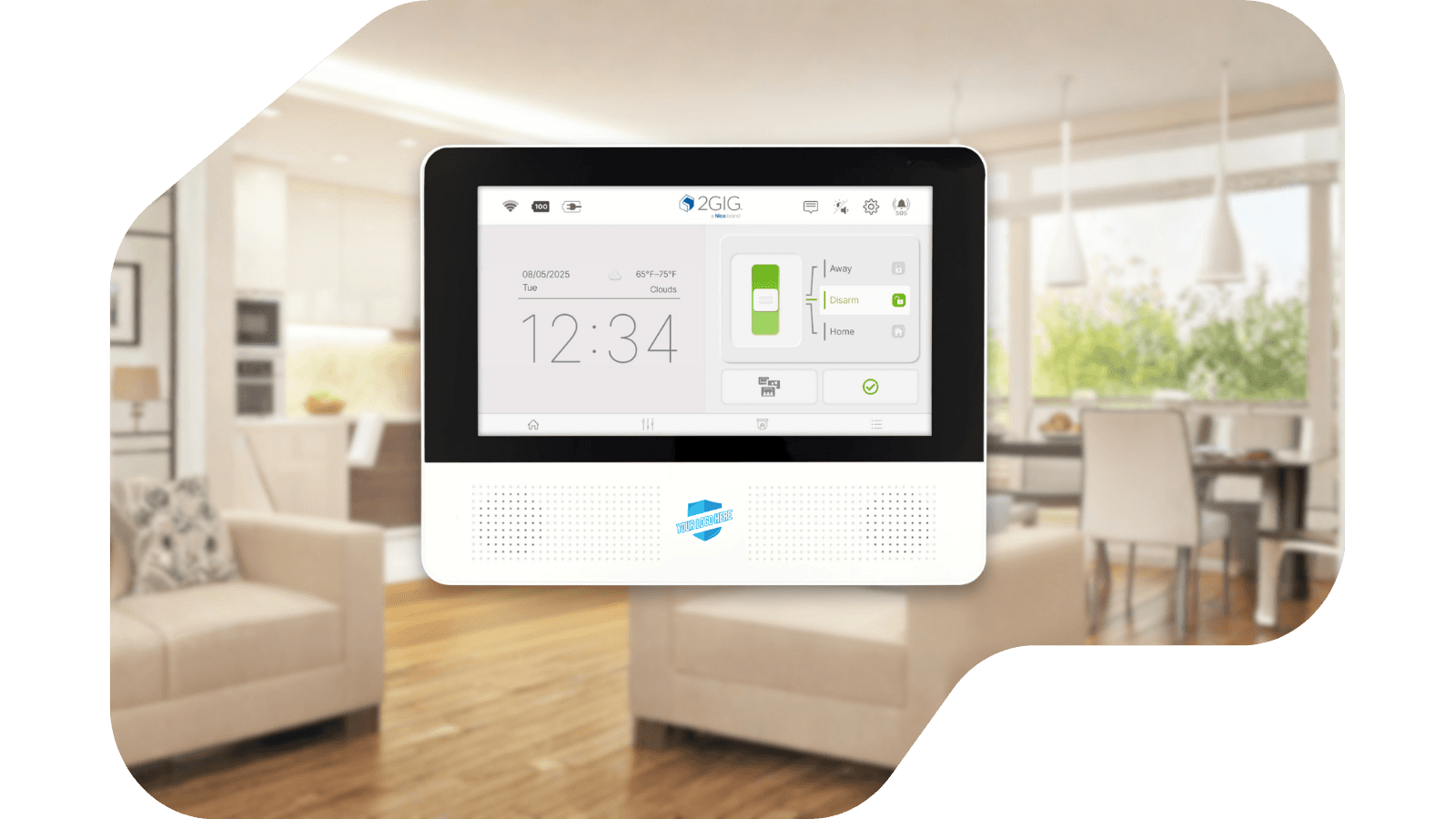 2GIG GC Touch panel mounted in a modern living room, showing the 7-inch touchscreen with weather, time, and Away, Disarm, and Home arming controls
