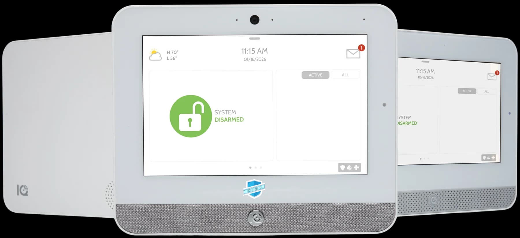 The IQ Panel 5 lineup: the screenless IQ5 NS, the IQ Panel 5 showing the system disarmed home screen, and the IQ5 Hub