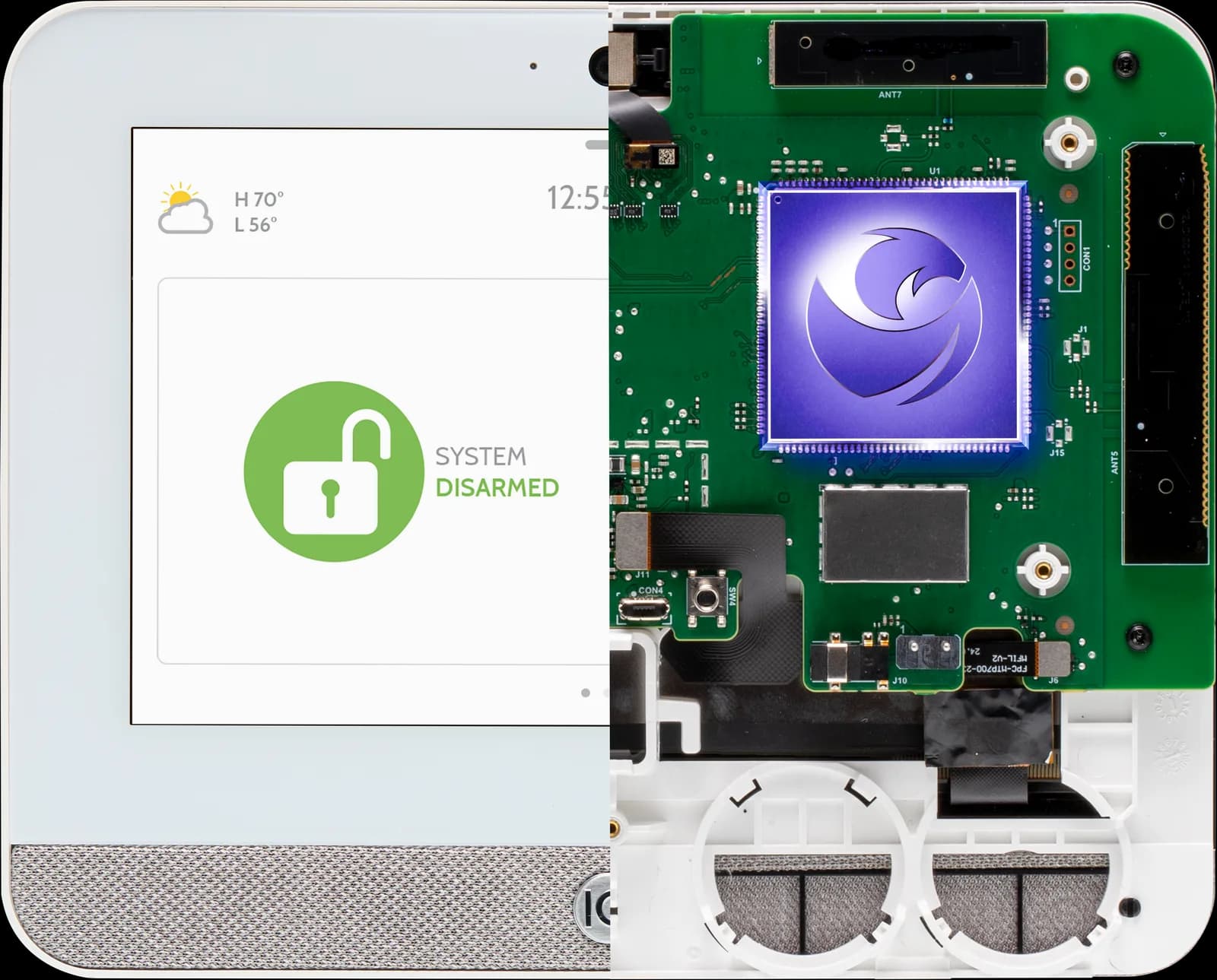IQ Panel 5 split view: the 7-inch touchscreen on one half, the internal board and processor on the other