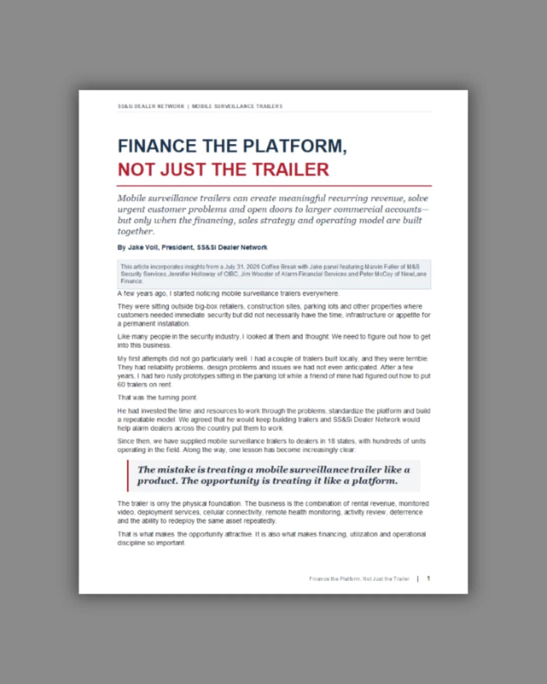 First page of the Finance the Platform, Not Just the Trailer guide