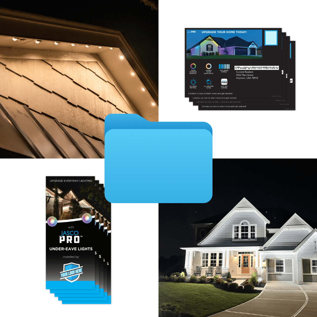 The Marketing Kit contents: door hangers, homeowner postcards, a printed brochure and photography of an installed roofline