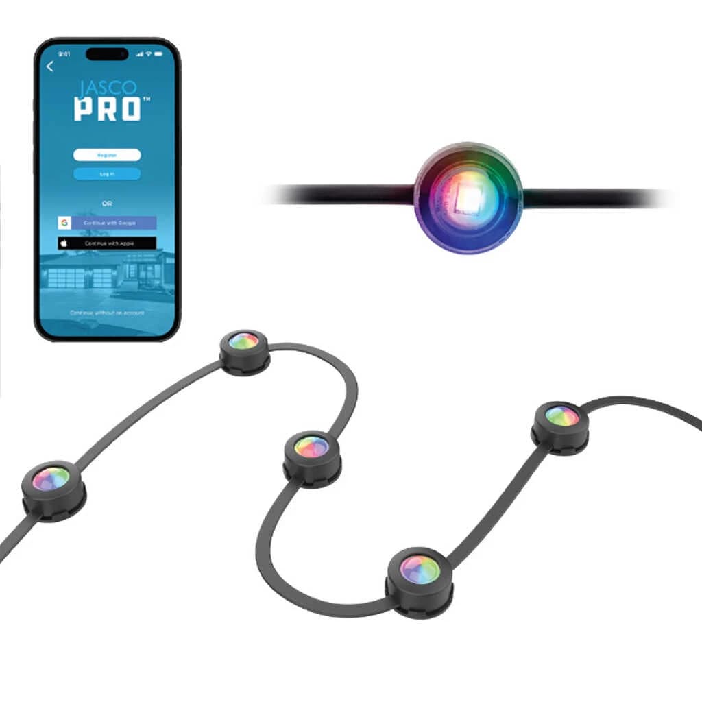 JascoPro Wi-Fi under-eave lights kit with black cord, showing the strands, power supply, brackets and extension cables laid out