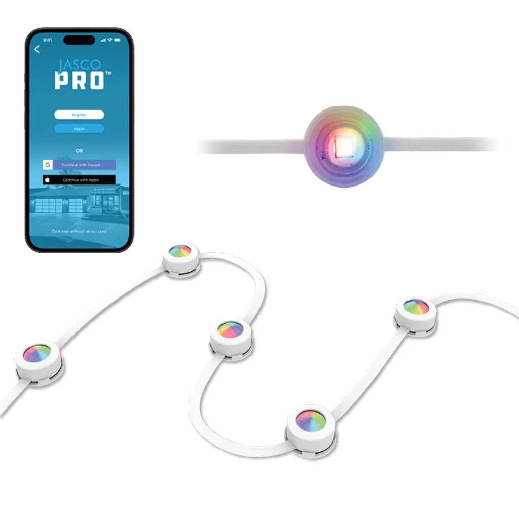JascoPro Wi-Fi under-eave lights kit with white cord, showing the strands, power supply, brackets and extension cables laid out