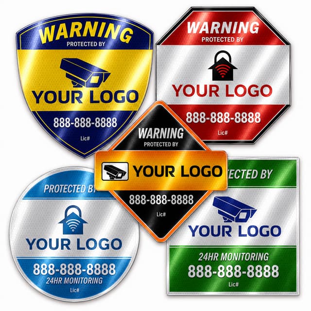 Reflective security signs in shield, octagon, diamond, circle, and square shapes