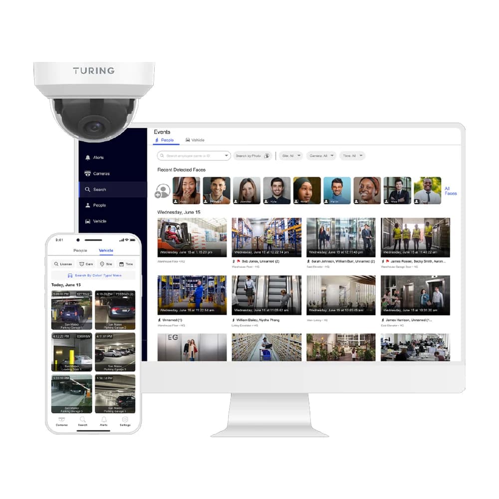 Turing AI interface: camera, monitor with video feeds, and mobile view